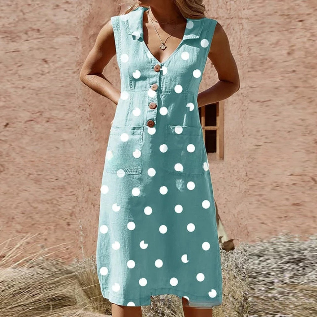 Women's Casual Polka Dot Print Button Lapel Dress