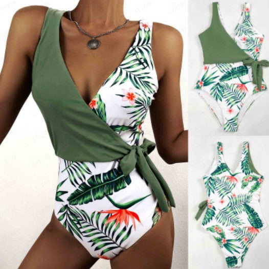 Sexy One Piece Swimsuit Printed Leaves Conservative Green Deep