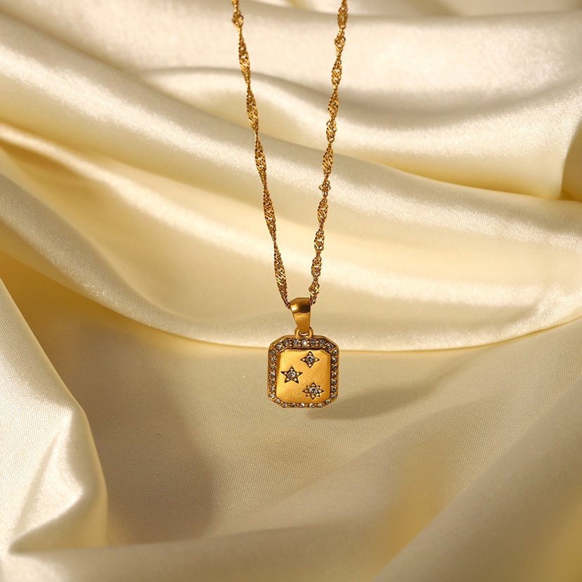 Gold Plated Star Inlaid Square Pendant