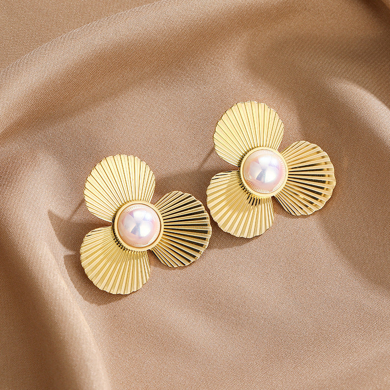 Women's Fashion Titanium Steel Trefoil Flower Pearl Earrings