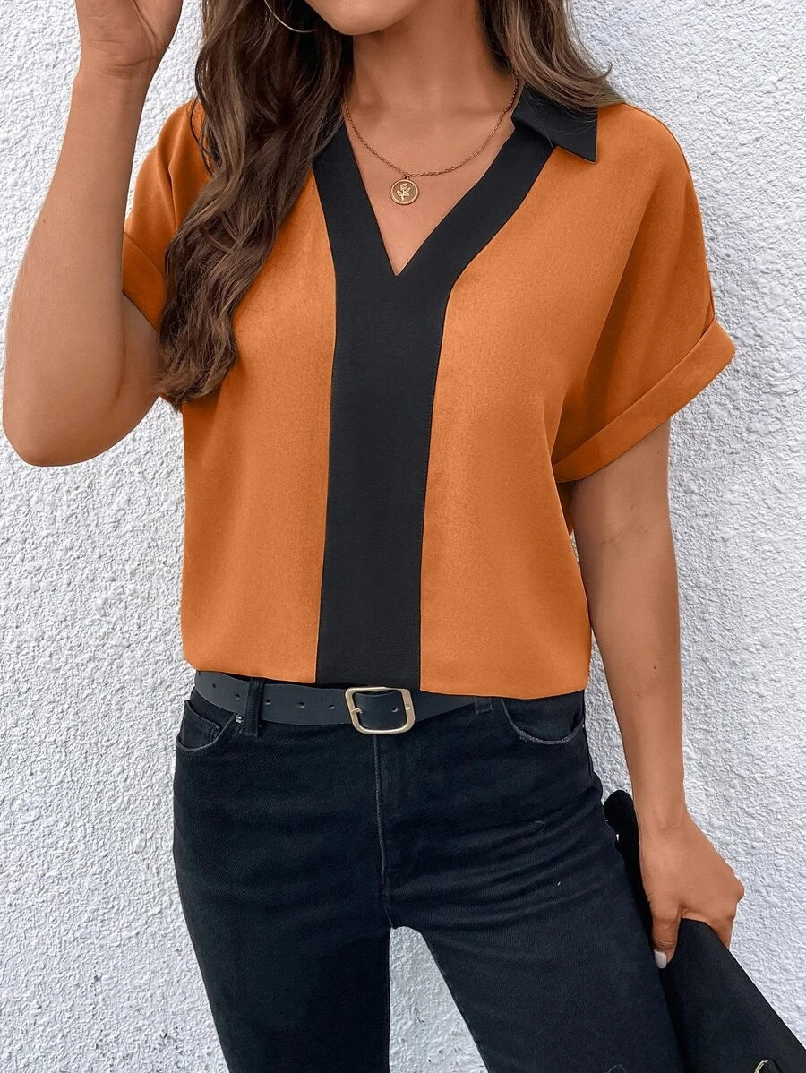 Contrast Color V-neck Raglan Sleeve Lapel Loose Shirt Top