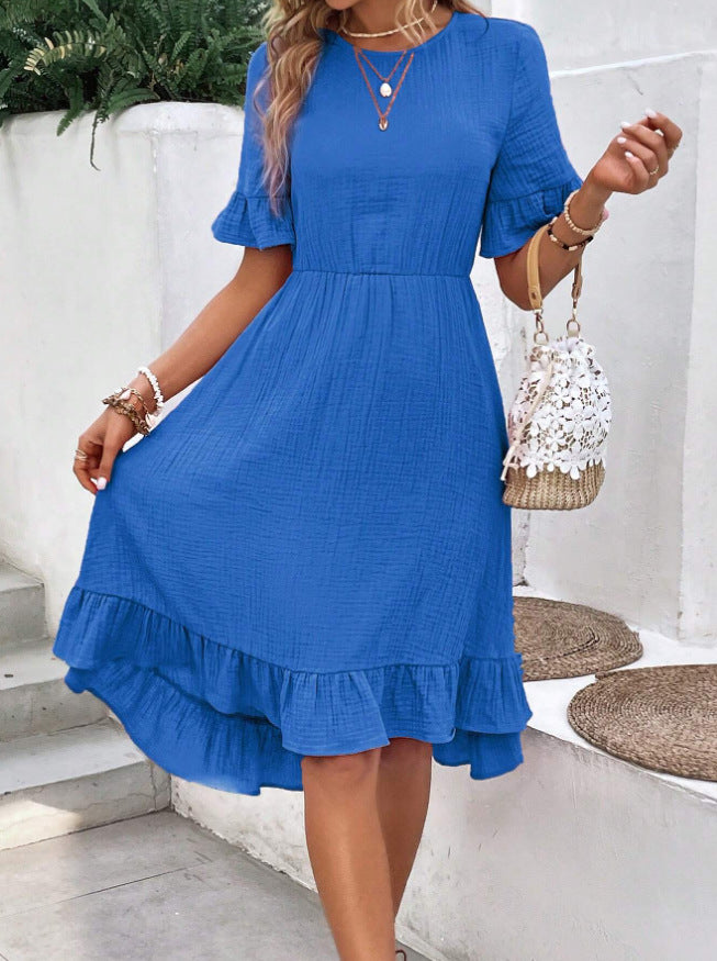 Large Swing Solid Color Waist Tight Casual Pleated Round Neck Flared Short Sleeve Cotton And Linen Dress