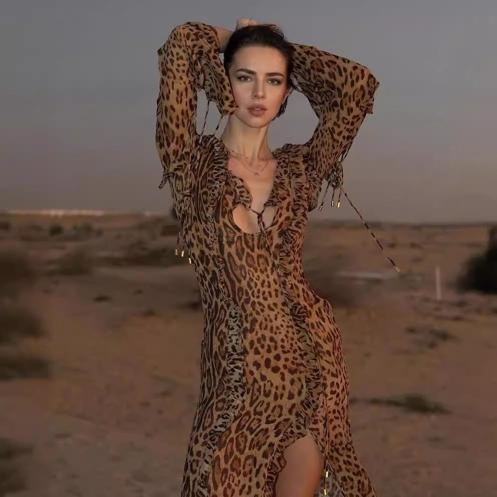 Leopard Print Dress Ruffled Front Slit Long Sleeve Skirt