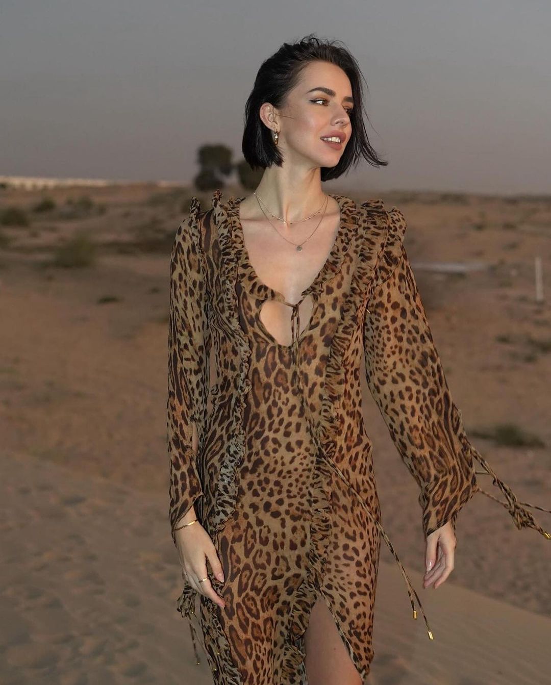 Leopard Print Dress Ruffled Front Slit Long Sleeve Skirt