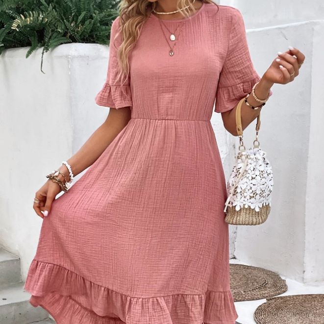 Large Swing Solid Color Waist Tight Casual Pleated Round Neck Flared Short Sleeve Cotton And Linen Dress